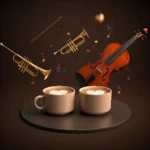 کافه ترانه با دو فنجان قهوه و آلات موسیقی