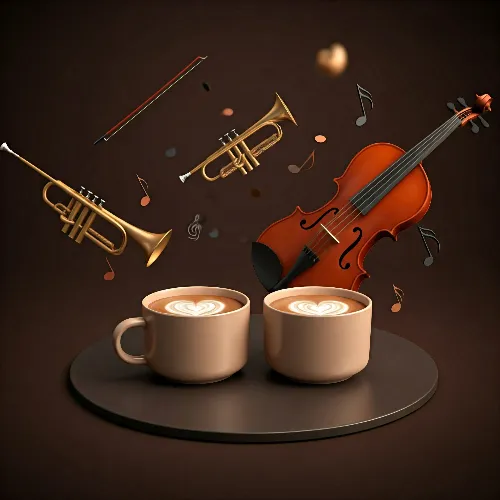 کافه ترانه با دو فنجان قهوه و آلات موسیقی